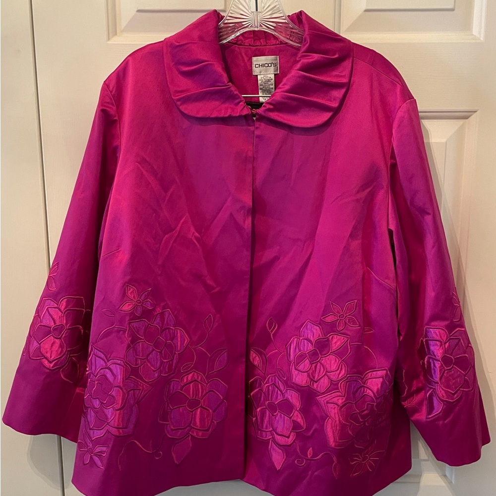 Chico's Fuchsia Floral Embroidered Satin Jacket